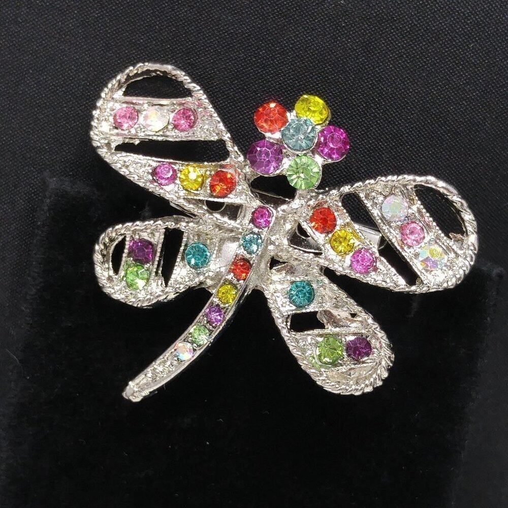 Dragonfly & Flower Brooch, Multicolored Rhinestones, Silver Tone, 1 3/4 Inches